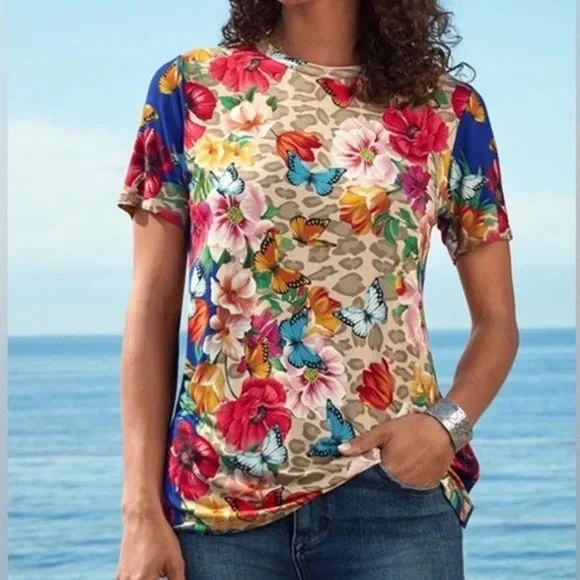 JOHNNY WAS Mayflower T-Shirt Butterflies Floral Boho Crew Neck Tee small - Picture 4 of 6